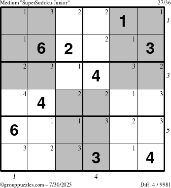 The grouppuzzles.com Medium SuperSudoku-Junior puzzle for Wednesday July 30, 2025 with all 4 steps marked