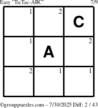 The grouppuzzles.com Easy TicTac-ABC puzzle for Wednesday July 30, 2025 with the first 2 steps marked