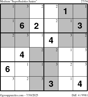 The grouppuzzles.com Medium SuperSudoku-Junior puzzle for Wednesday July 30, 2025 with the first 3 steps marked