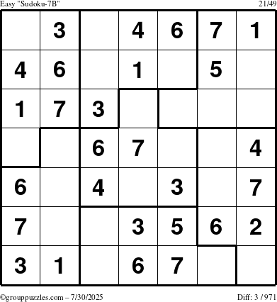 The grouppuzzles.com Easy Sudoku-7B puzzle for Wednesday July 30, 2025