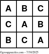 The grouppuzzles.com Answer grid for the TicTac-ABC puzzle for Wednesday July 30, 2025