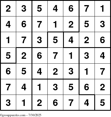 The grouppuzzles.com Answer grid for the Sudoku-7B puzzle for Wednesday July 30, 2025