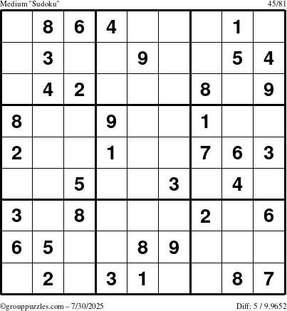 The grouppuzzles.com Medium Sudoku puzzle for Wednesday July 30, 2025