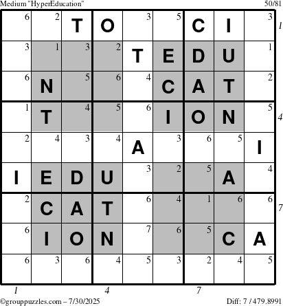 The grouppuzzles.com Medium HyperEducation-i23 puzzle for Wednesday July 30, 2025, suitable for printing, with all 7 steps marked