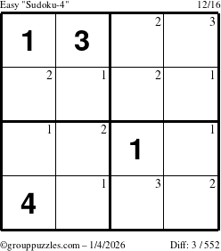 The grouppuzzles.com Easy Sudoku-4 puzzle for Sunday January 4, 2026 with the first 3 steps marked
