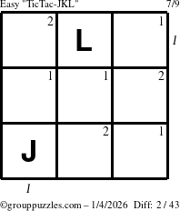 The grouppuzzles.com Easy TicTac-JKL puzzle for Sunday January 4, 2026 with all 2 steps marked