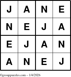 The grouppuzzles.com Answer grid for the Jane puzzle for Sunday January 4, 2026