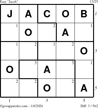 The grouppuzzles.com Easy Jacob puzzle for Sunday January 4, 2026 with all 3 steps marked