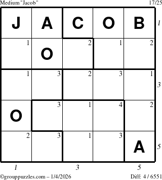 The grouppuzzles.com Medium Jacob puzzle for Sunday January 4, 2026, suitable for printing, with all 4 steps marked