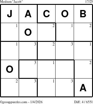 The grouppuzzles.com Medium Jacob puzzle for Sunday January 4, 2026 with the first 3 steps marked