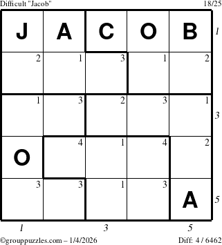 The grouppuzzles.com Difficult Jacob puzzle for Sunday January 4, 2026 with all 4 steps marked
