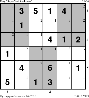 The grouppuzzles.com Easy SuperSudoku-Junior puzzle for Sunday January 4, 2026, suitable for printing, with all 3 steps marked