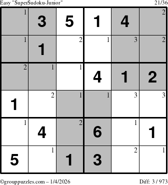 The grouppuzzles.com Easy SuperSudoku-Junior puzzle for Sunday January 4, 2026 with the first 3 steps marked