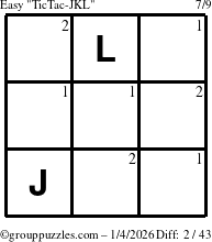 The grouppuzzles.com Easy TicTac-JKL puzzle for Sunday January 4, 2026 with the first 2 steps marked