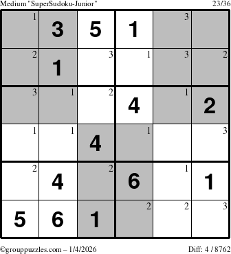 The grouppuzzles.com Medium SuperSudoku-Junior puzzle for Sunday January 4, 2026 with the first 3 steps marked