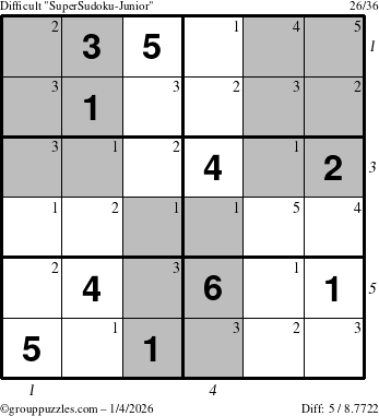 The grouppuzzles.com Difficult SuperSudoku-Junior puzzle for Sunday January 4, 2026, suitable for printing, with all 5 steps marked