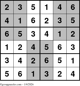 The grouppuzzles.com Answer grid for the SuperSudoku-Junior puzzle for Sunday January 4, 2026