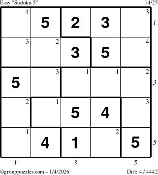 The grouppuzzles.com Easy Sudoku-5 puzzle for Sunday January 4, 2026, suitable for printing, with all 4 steps marked