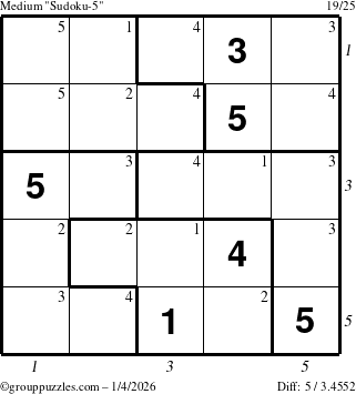 The grouppuzzles.com Medium Sudoku-5 puzzle for Sunday January 4, 2026, suitable for printing, with all 5 steps marked