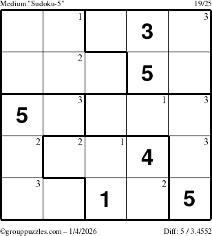 The grouppuzzles.com Medium Sudoku-5 puzzle for Sunday January 4, 2026 with the first 3 steps marked
