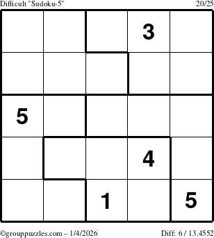 The grouppuzzles.com Difficult Sudoku-5 puzzle for Sunday January 4, 2026