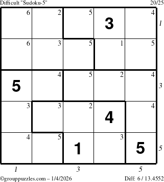The grouppuzzles.com Difficult Sudoku-5 puzzle for Sunday January 4, 2026, suitable for printing, with all 6 steps marked