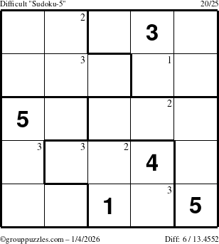 The grouppuzzles.com Difficult Sudoku-5 puzzle for Sunday January 4, 2026 with the first 3 steps marked