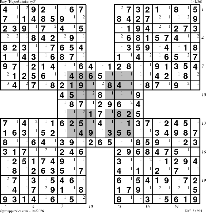 The grouppuzzles.com Easy HyperSudoku-by5 puzzle for Sunday January 4, 2026 with all 3 steps marked