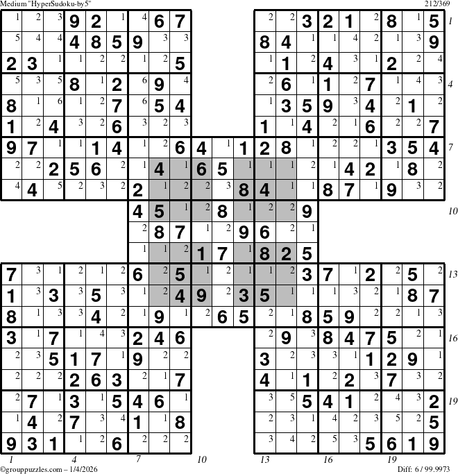 The grouppuzzles.com Medium HyperSudoku-by5 puzzle for Sunday January 4, 2026 with all 6 steps marked