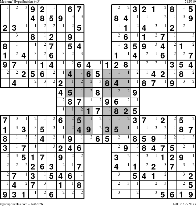 The grouppuzzles.com Medium HyperSudoku-by5 puzzle for Sunday January 4, 2026 with the first 3 steps marked