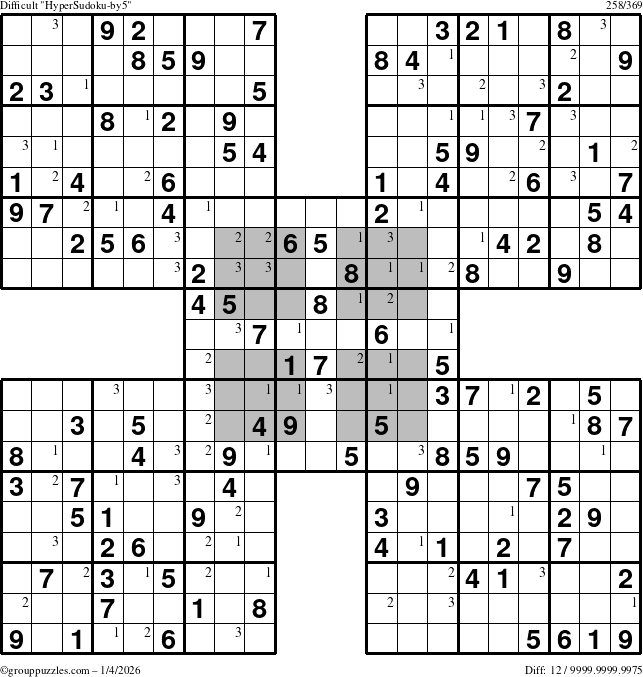 The grouppuzzles.com Difficult HyperSudoku-by5 puzzle for Sunday January 4, 2026 with the first 3 steps marked