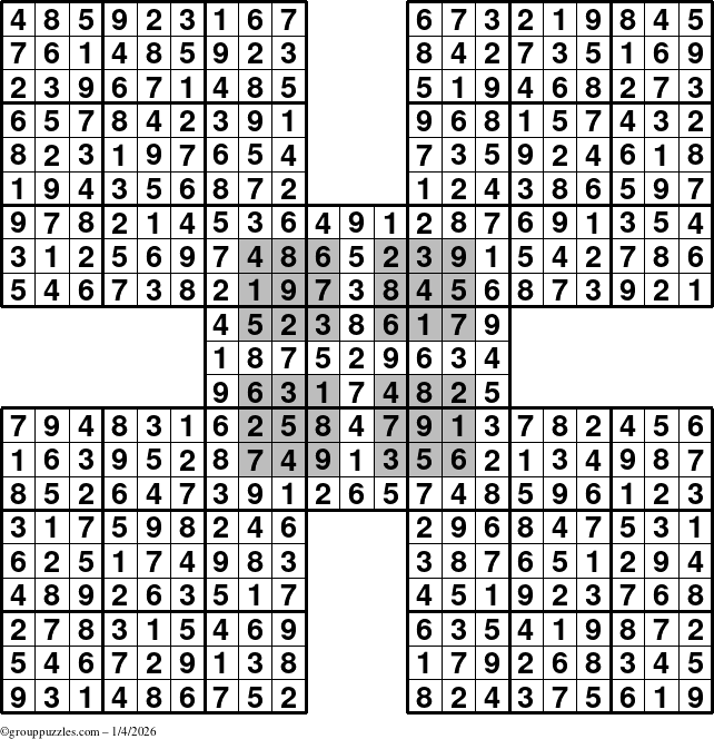 The grouppuzzles.com Answer grid for the HyperSudoku-by5 puzzle for Sunday January 4, 2026