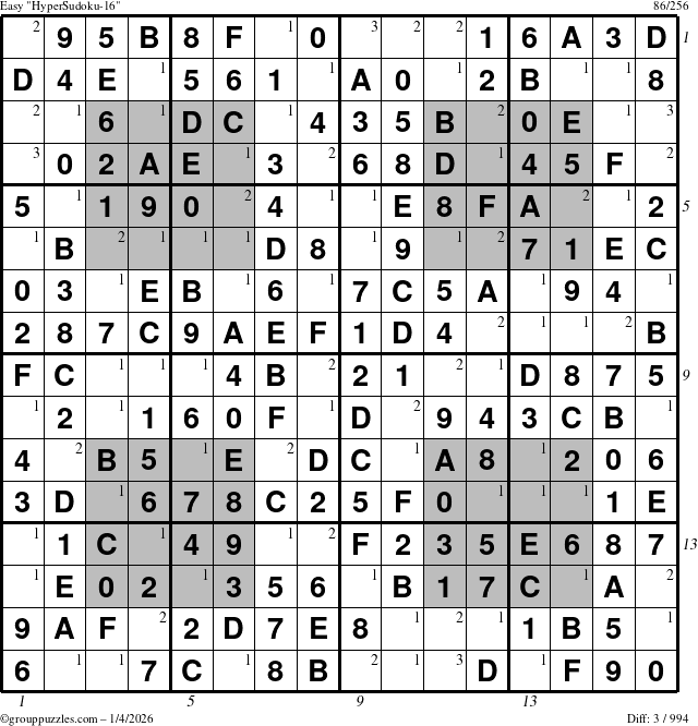 The grouppuzzles.com Easy HyperSudoku-16 puzzle for Sunday January 4, 2026, suitable for printing, with all 3 steps marked