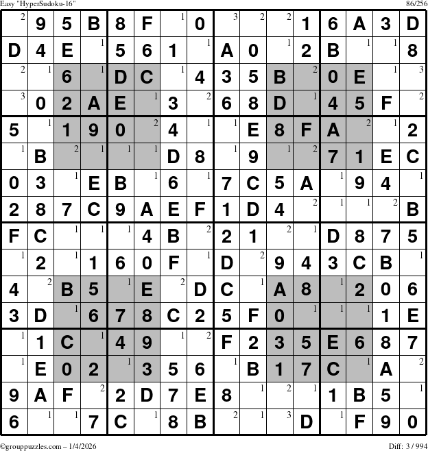 The grouppuzzles.com Easy HyperSudoku-16 puzzle for Sunday January 4, 2026 with the first 3 steps marked