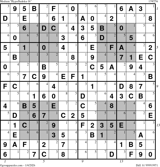 The grouppuzzles.com Medium HyperSudoku-16 puzzle for Sunday January 4, 2026, suitable for printing, with all 8 steps marked