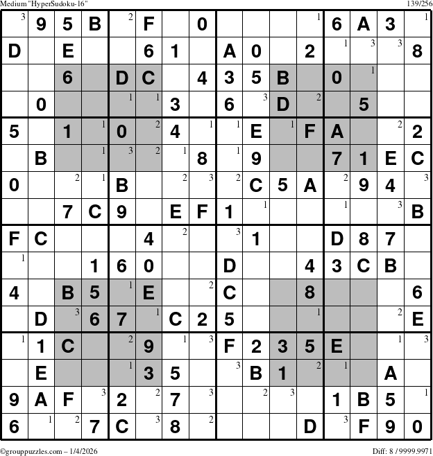 The grouppuzzles.com Medium HyperSudoku-16 puzzle for Sunday January 4, 2026 with the first 3 steps marked
