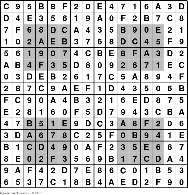 The grouppuzzles.com Answer grid for the HyperSudoku-16 puzzle for Sunday January 4, 2026