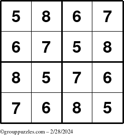 The grouppuzzles.com Answer grid for the Sudoku-4-5678 puzzle for Wednesday February 28, 2024
