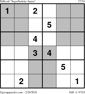 The grouppuzzles.com Difficult SuperSudoku-Junior puzzle for Wednesday February 28, 2024