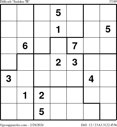 The grouppuzzles.com Difficult Sudoku-7B puzzle for Wednesday February 28, 2024