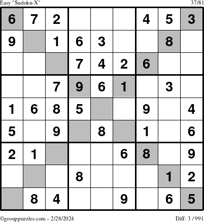 The grouppuzzles.com Easy Sudoku-X puzzle for Wednesday February 28, 2024