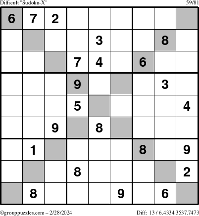 The grouppuzzles.com Difficult Sudoku-X puzzle for Wednesday February 28, 2024