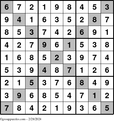 The grouppuzzles.com Answer grid for the Sudoku-X puzzle for Wednesday February 28, 2024