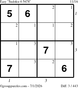 The grouppuzzles.com Easy Sudoku-4-5678 puzzle for Wednesday July 1, 2026, suitable for printing, with all 3 steps marked
