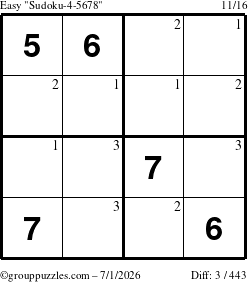 The grouppuzzles.com Easy Sudoku-4-5678 puzzle for Wednesday July 1, 2026 with the first 3 steps marked
