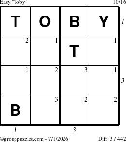 The grouppuzzles.com Easy Toby puzzle for Wednesday July 1, 2026 with all 3 steps marked