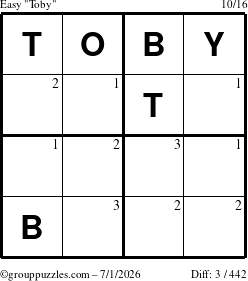 The grouppuzzles.com Easy Toby puzzle for Wednesday July 1, 2026 with the first 3 steps marked