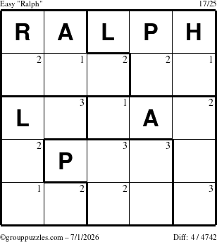 The grouppuzzles.com Easy Ralph puzzle for Wednesday July 1, 2026 with the first 3 steps marked