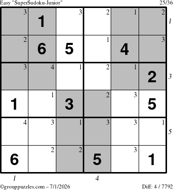 The grouppuzzles.com Easy SuperSudoku-Junior puzzle for Wednesday July 1, 2026, suitable for printing, with all 4 steps marked