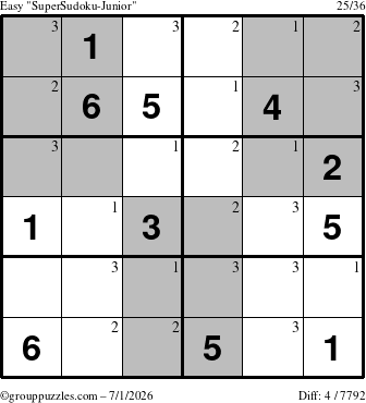 The grouppuzzles.com Easy SuperSudoku-Junior puzzle for Wednesday July 1, 2026 with the first 3 steps marked